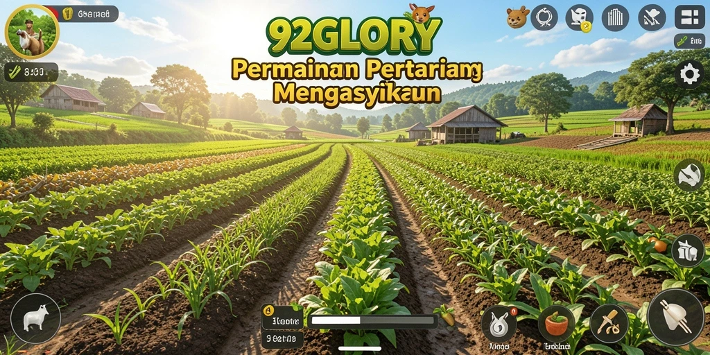 Tampilan gameplay 92GLORY dengan ladang subur dan hewan ternak.