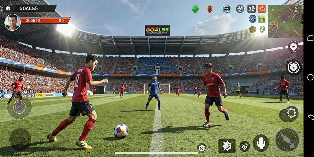 Screenshot GOAL55 menampilkan aksi seru dalam permainan sepak bola.