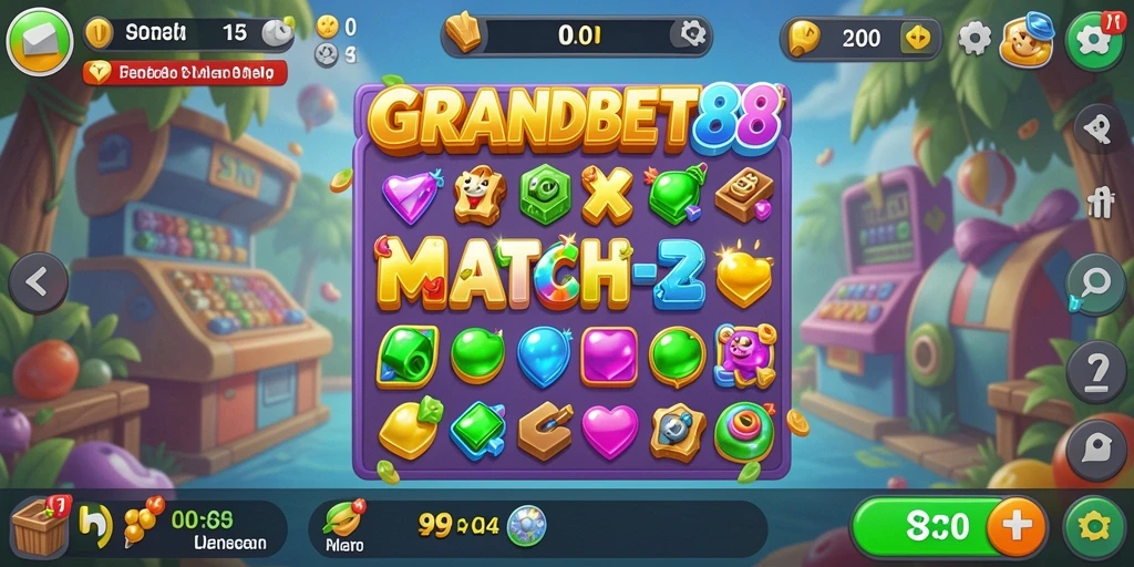 Tampilan gameplay menarik di GRANDBET88 dengan elemen Match-3 yang cerah.