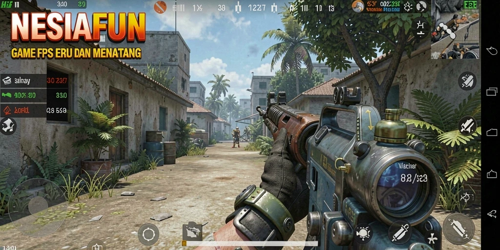 Tangkapan layar gameplay NESIAFUN dengan aksi tembak-menembak yang intens.