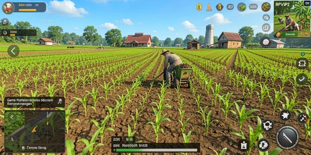 Screenshot gameplay RPVIP2 menampilkan keindahan lahan pertanian yang sedang ditanami.